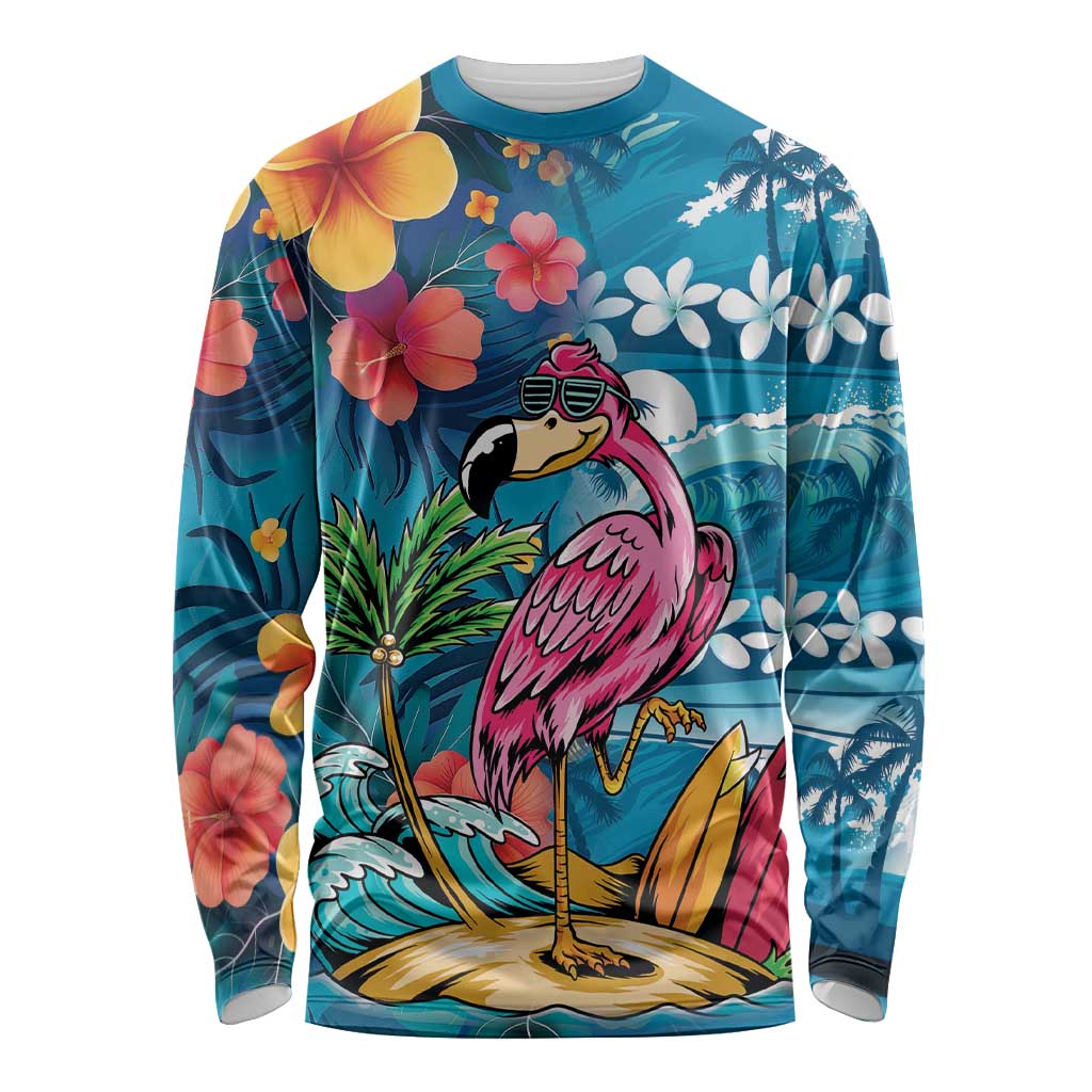 Hawaiian Flamingo Hibiscus Personalised Long Sleeve Shirt Blue Summer Tropical Flowers - Polynesian Pride