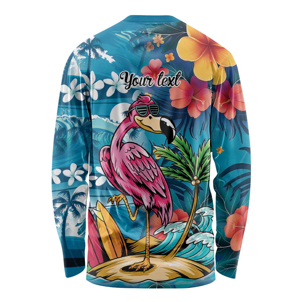 Hawaiian Flamingo Hibiscus Personalised Long Sleeve Shirt Blue Summer Tropical Flowers - Polynesian Pride