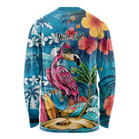Hawaiian Flamingo Hibiscus Personalised Long Sleeve Shirt Blue Summer Tropical Flowers - Polynesian Pride