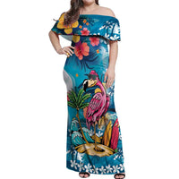 Hawaiian Flamingo Hibiscus Personalised Off Shoulder Maxi Dress Blue Summer Tropical Flowers - Polynesian Pride