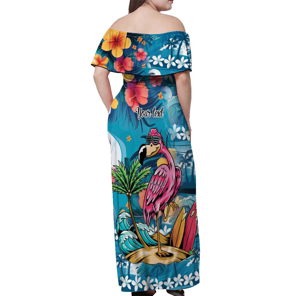 Hawaiian Flamingo Hibiscus Personalised Off Shoulder Maxi Dress Blue Summer Tropical Flowers - Polynesian Pride
