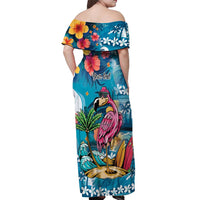 Hawaiian Flamingo Hibiscus Personalised Off Shoulder Maxi Dress Blue Summer Tropical Flowers - Polynesian Pride