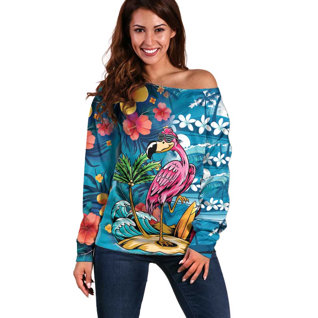 Hawaiian Flamingo Hibiscus Personalised Off Shoulder Sweater Blue Summer Tropical Flowers - Polynesian Pride