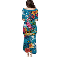 Hawaiian Flamingo Hibiscus Personalised Puletasi Blue Summer Tropical Flowers - Polynesian Pride