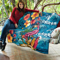 Hawaiian Flamingo Hibiscus Personalised Quilt Blue Summer Tropical Flowers - Polynesian Pride