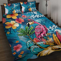 Hawaiian Flamingo Hibiscus Personalised Quilt Bed Set Blue Summer Tropical Flowers - Polynesian Pride