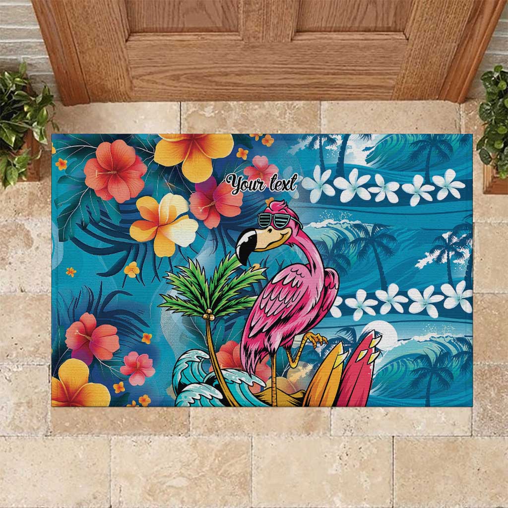 Hawaiian Flamingo Hibiscus Personalised Rubber Doormat Blue Summer Tropical Flowers - Polynesian Pride