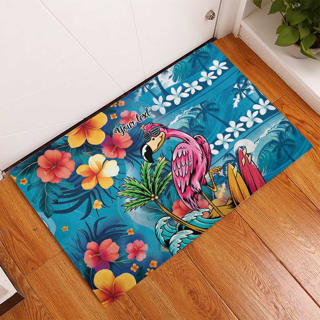 Hawaiian Flamingo Hibiscus Personalised Rubber Doormat Blue Summer Tropical Flowers - Polynesian Pride