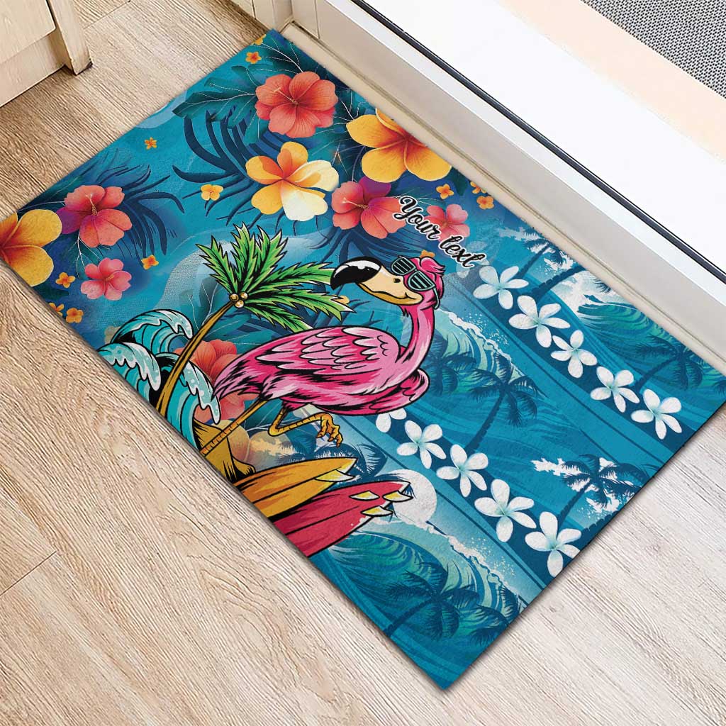 Hawaiian Flamingo Hibiscus Personalised Rubber Doormat Blue Summer Tropical Flowers - Polynesian Pride