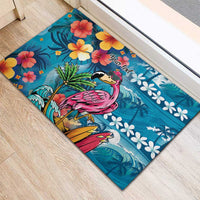 Hawaiian Flamingo Hibiscus Personalised Rubber Doormat Blue Summer Tropical Flowers - Polynesian Pride