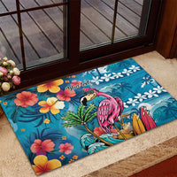Hawaiian Flamingo Hibiscus Personalised Rubber Doormat Blue Summer Tropical Flowers - Polynesian Pride