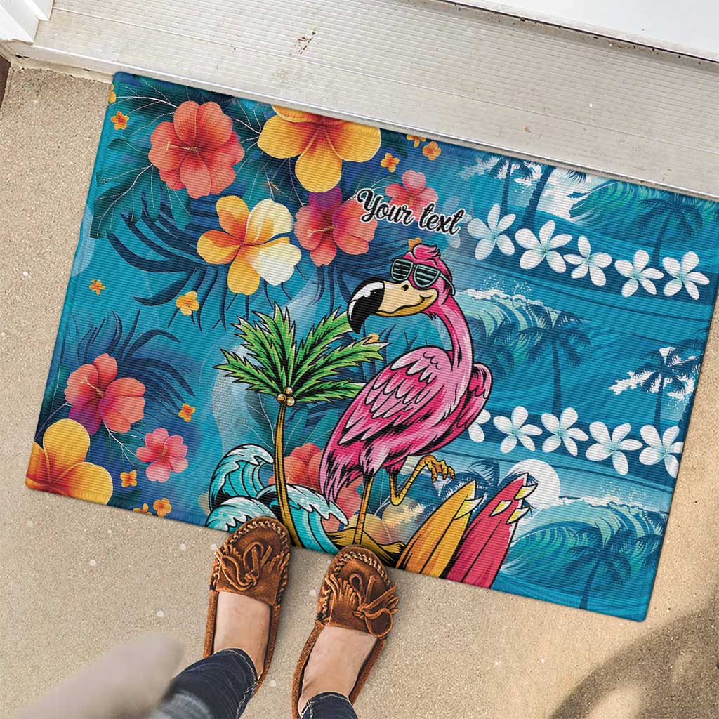 Hawaiian Flamingo Hibiscus Personalised Rubber Doormat Blue Summer Tropical Flowers - Polynesian Pride