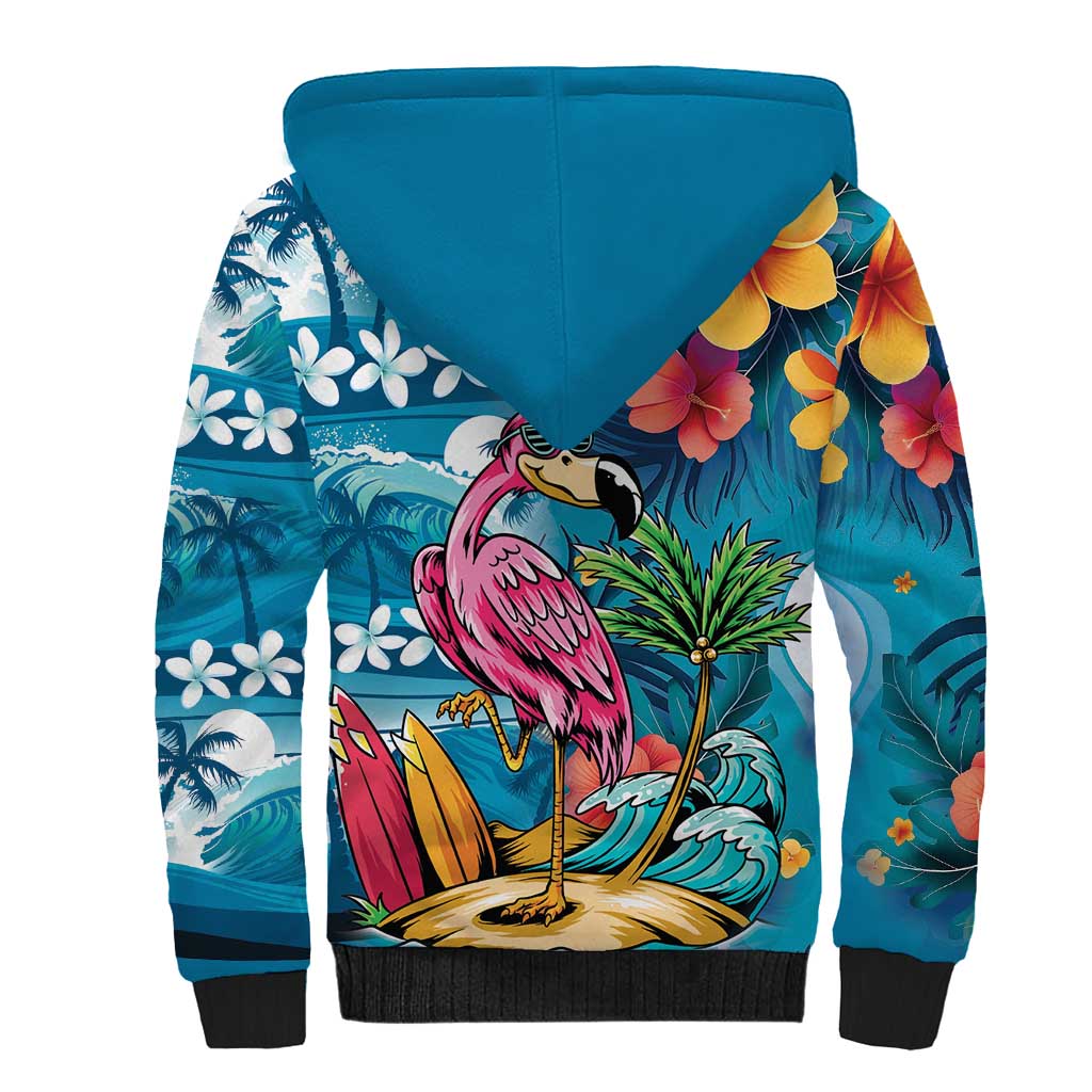 Hawaiian Flamingo Hibiscus Personalised Sherpa Hoodie Blue Summer Tropical Flowers LT9 - Polynesian Pride