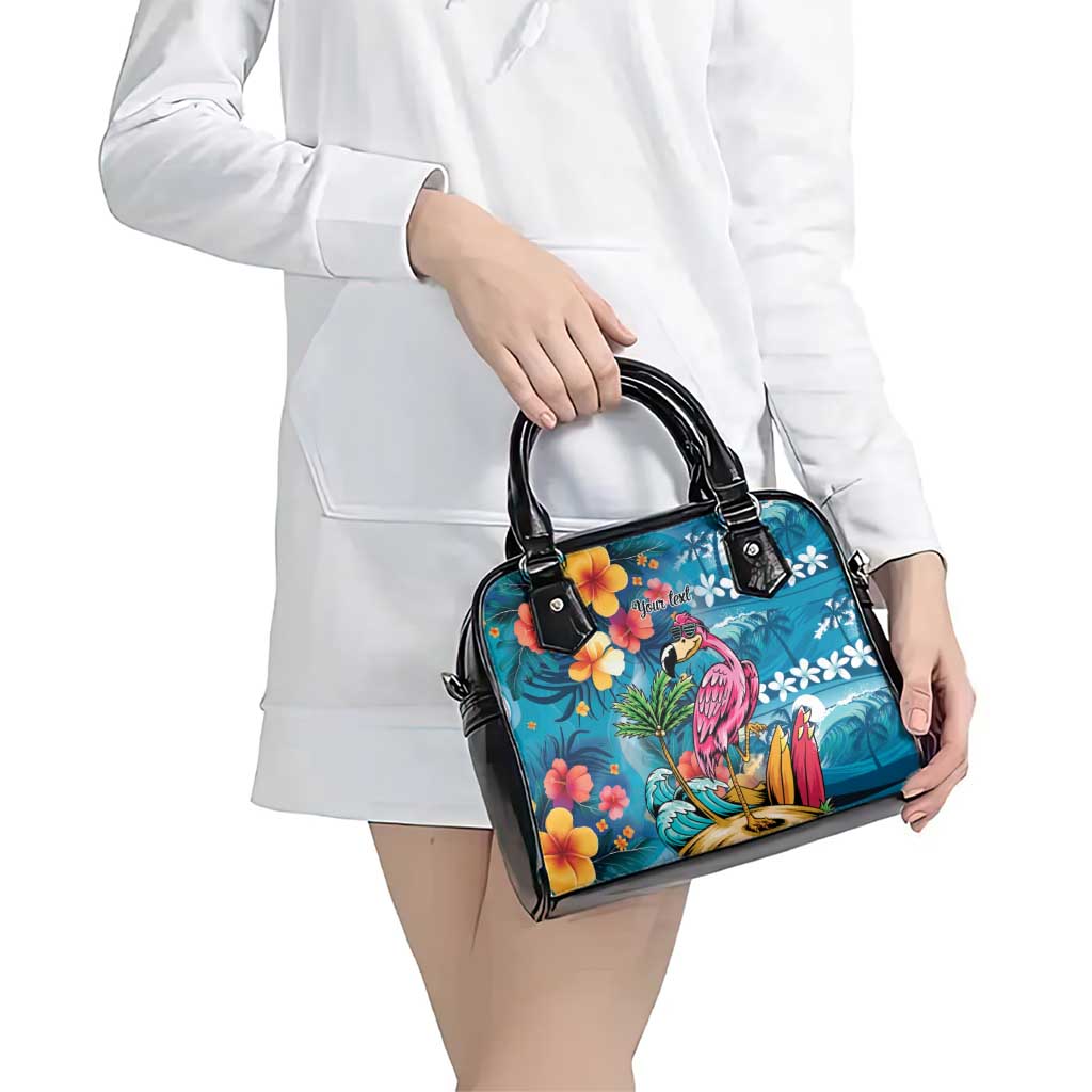 Hawaiian Flamingo Hibiscus Personalised Shoulder Handbag Blue Summer Tropical Flowers - Polynesian Pride