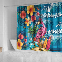 Hawaiian Flamingo Hibiscus Personalised Shower Curtain Blue Summer Tropical Flowers - Polynesian Pride