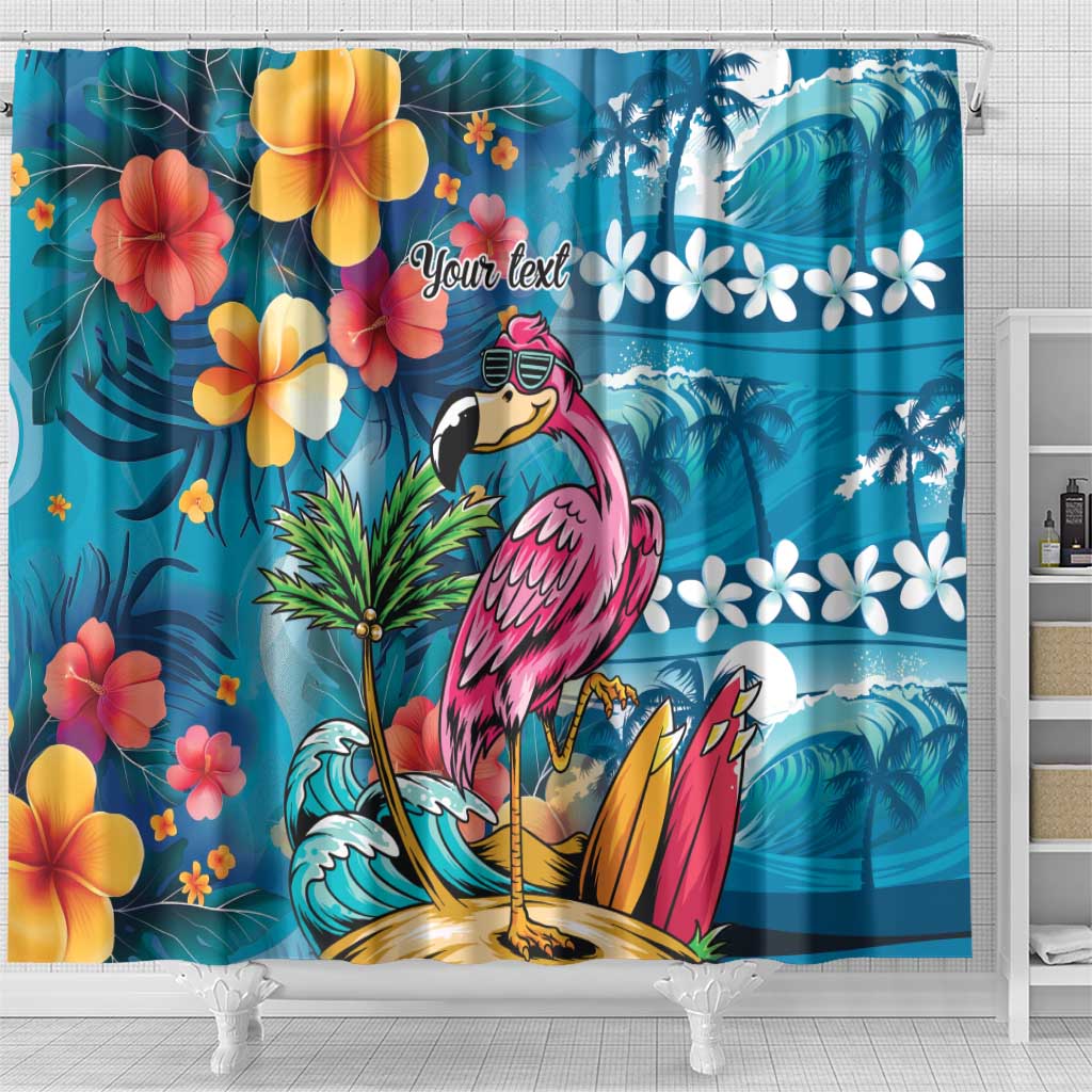 Hawaiian Flamingo Hibiscus Personalised Shower Curtain Blue Summer Tropical Flowers - Polynesian Pride