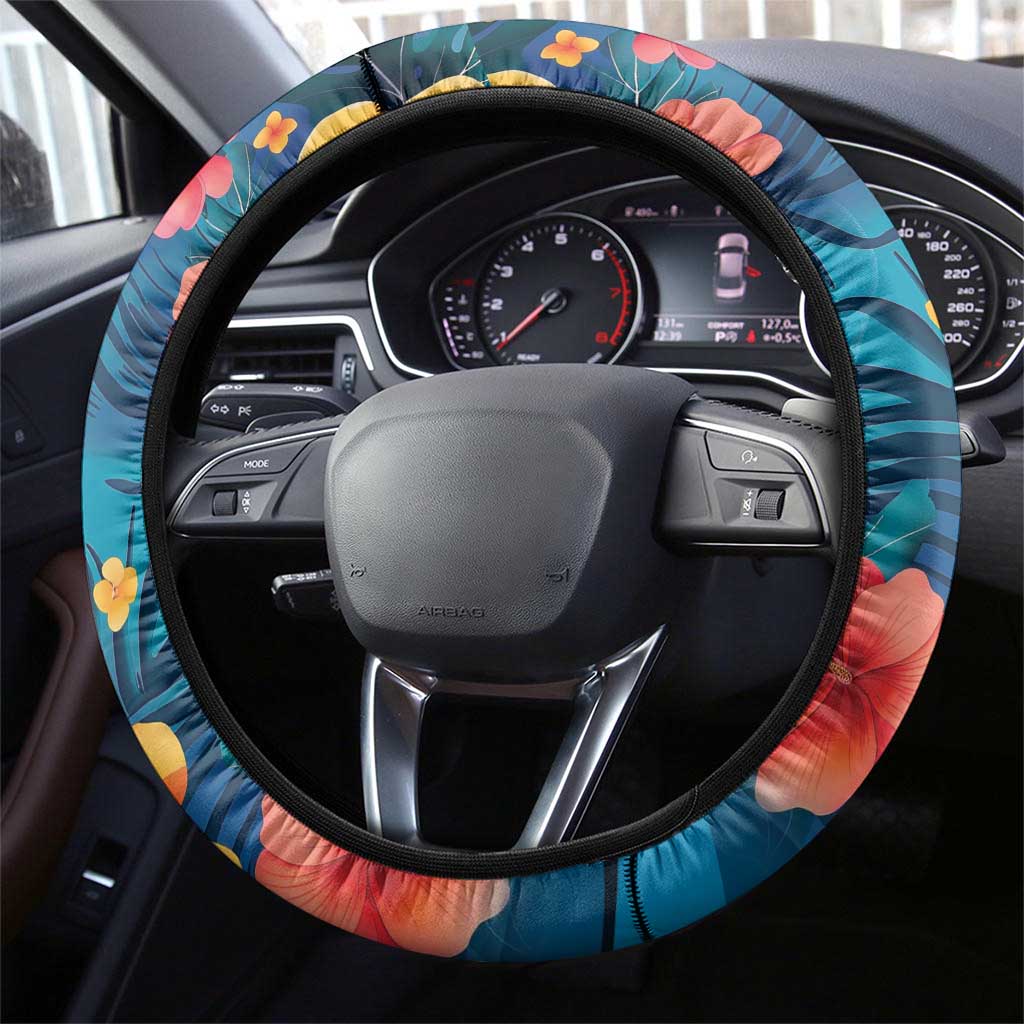 Hawaiian Flamingo Hibiscus Steering Wheel Cover Blue Summer Tropical Flowers - Polynesian Pride
