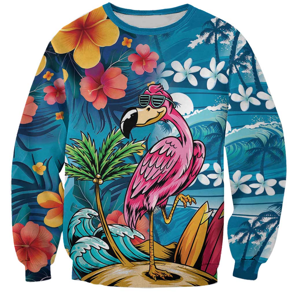 Hawaiian Flamingo Hibiscus Personalised Sweatshirt Blue Summer Tropical Flowers - Polynesian Pride