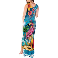 Hawaiian Flamingo Hibiscus Personalised Tank Maxi Dress Blue Summer Tropical Flowers - Polynesian Pride
