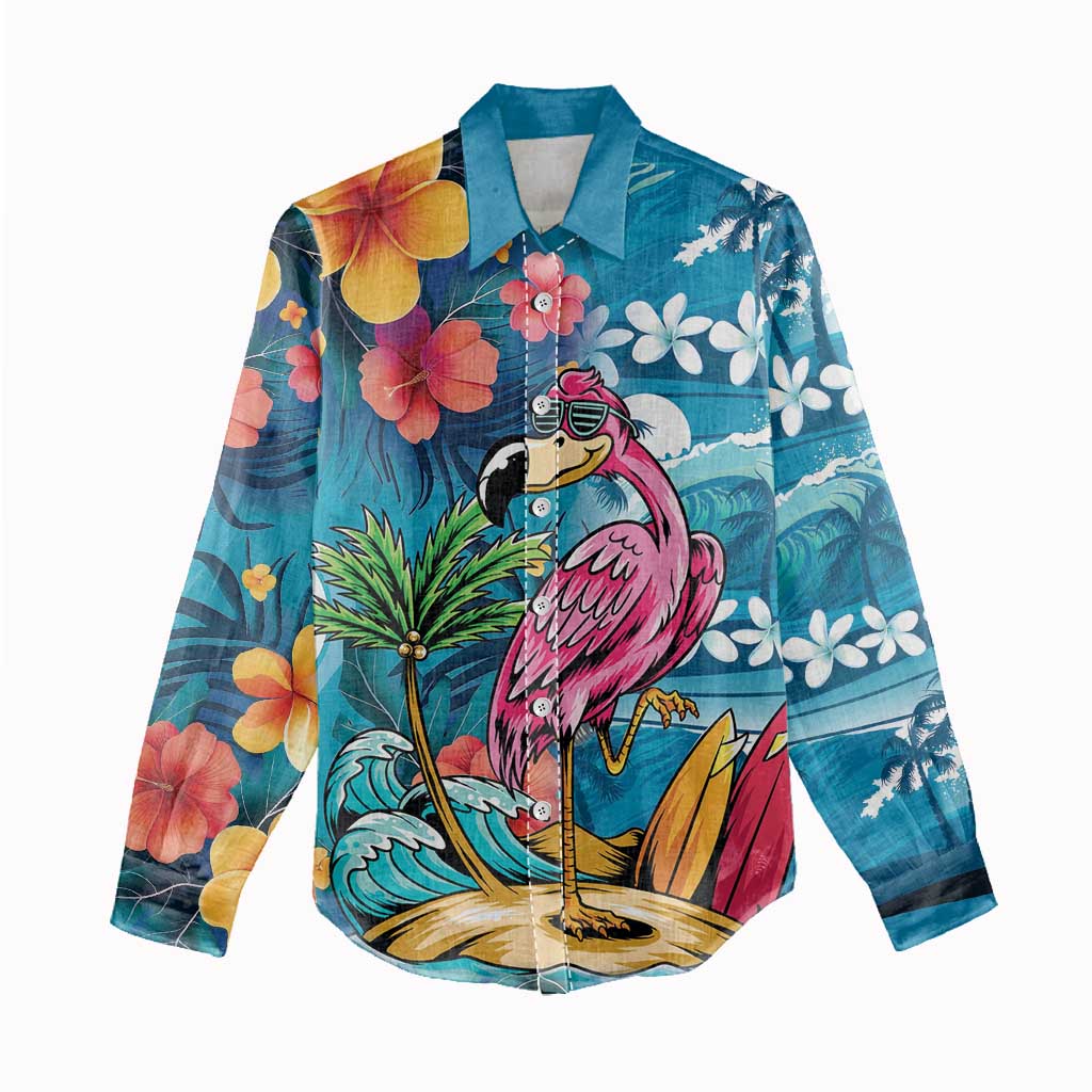 Hawaiian Flamingo Hibiscus Personalised Women Casual Shirt Blue Summer Tropical Flowers - Polynesian Pride