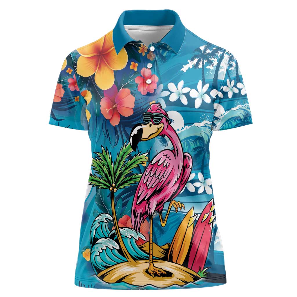 Hawaiian Flamingo Hibiscus Personalised Women Polo Shirt Blue Summer Tropical Flowers - Polynesian Pride