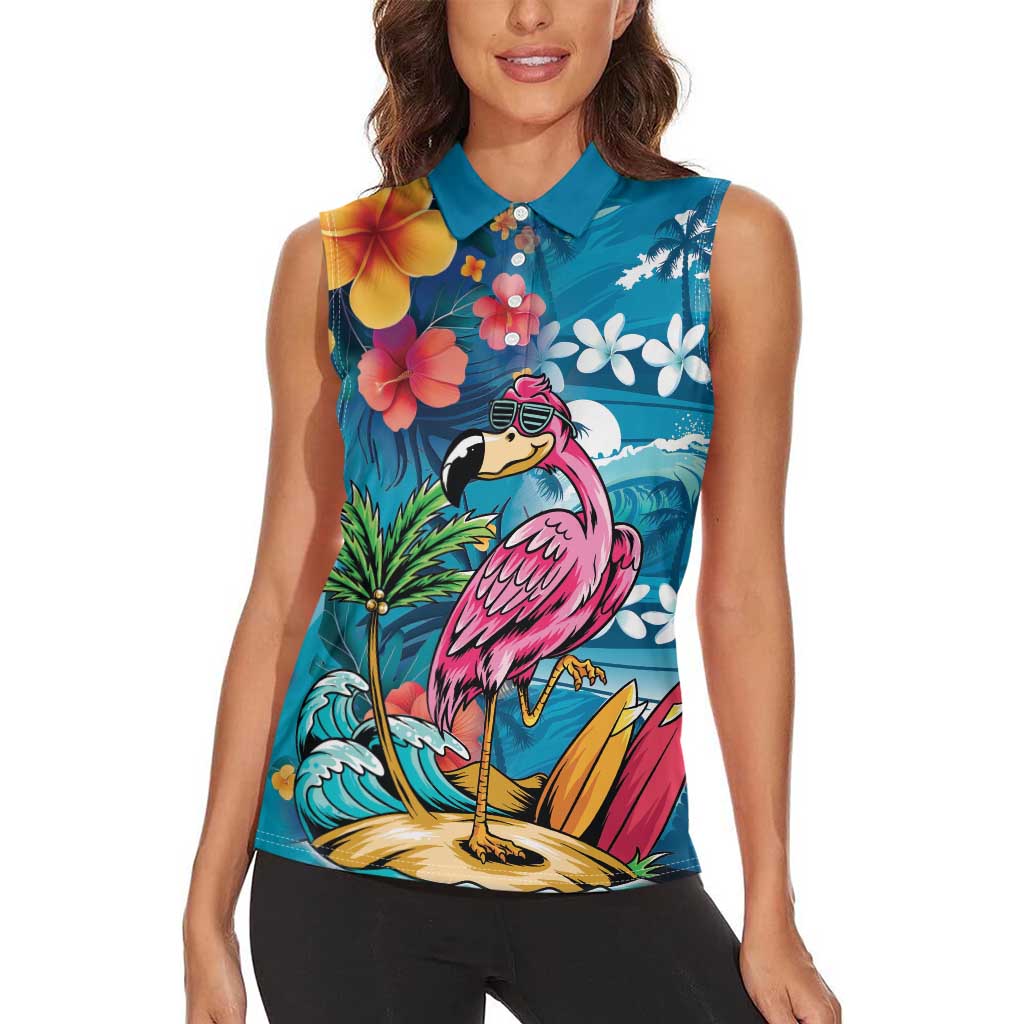 Hawaiian Flamingo Hibiscus Personalised Women Sleeveless Polo Shirt Blue Summer Tropical Flowers - Polynesian Pride
