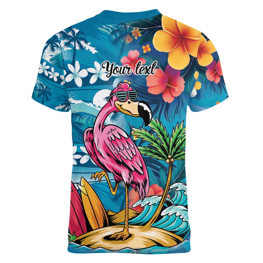 Hawaiian Flamingo Hibiscus Personalised Women V-Neck T-Shirt Blue Summer Tropical Flowers - Polynesian Pride