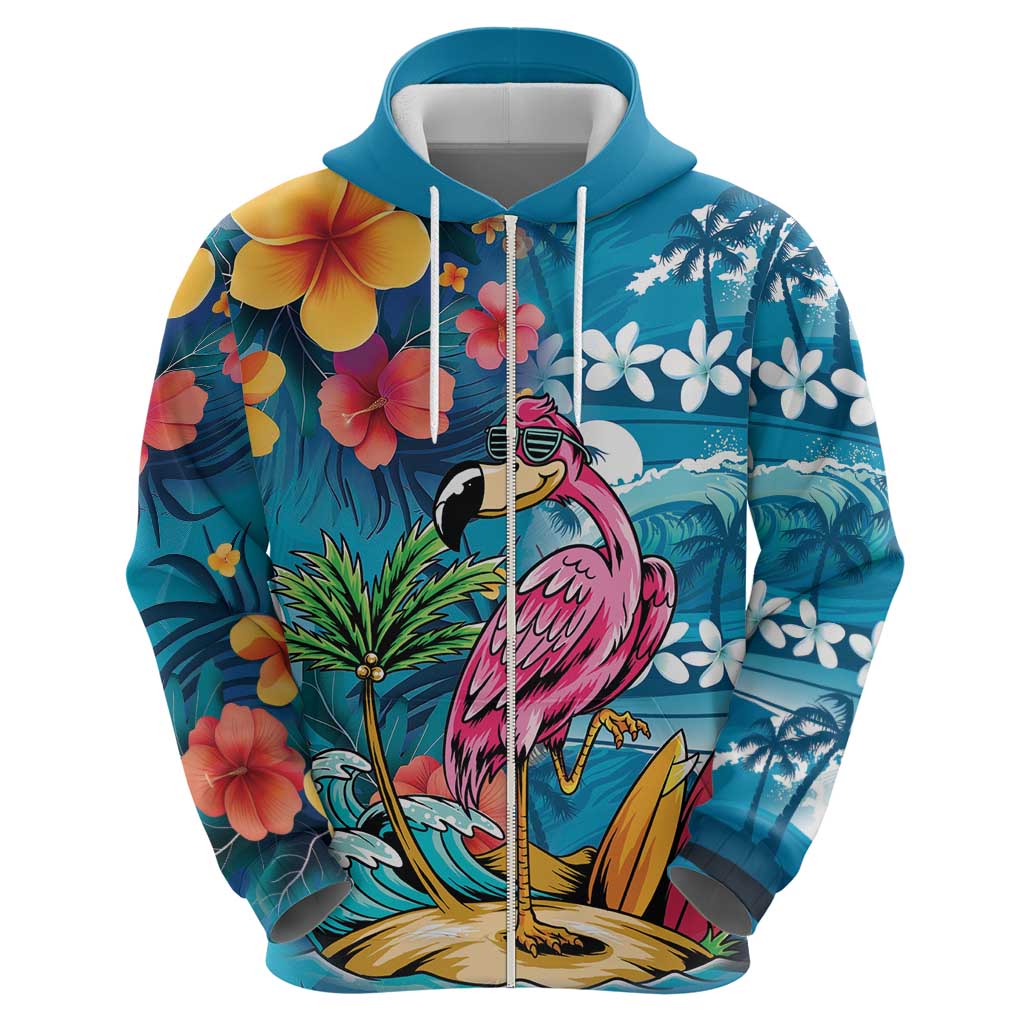 Hawaiian Flamingo Hibiscus Personalised Zip Hoodie Blue Summer Tropical Flowers - Polynesian Pride