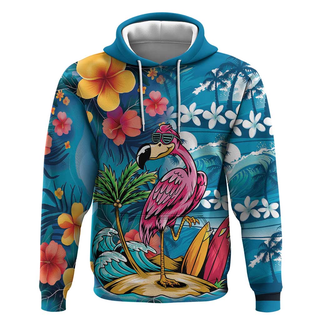 Hawaiian Flamingo Hibiscus Personalised Zip Hoodie Blue Summer Tropical Flowers - Polynesian Pride