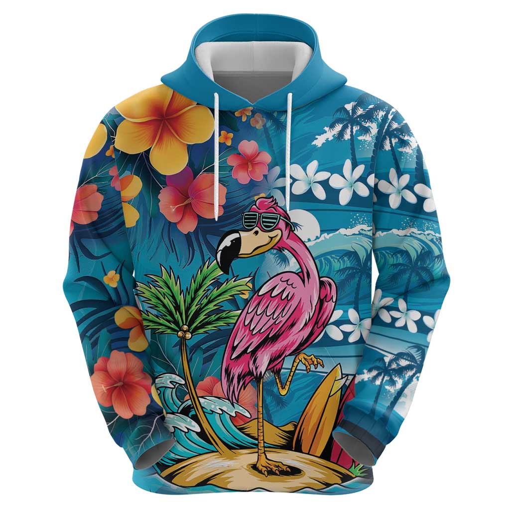 Hawaiian Flamingo Hibiscus Personalised Zip Hoodie Blue Summer Tropical Flowers - Polynesian Pride