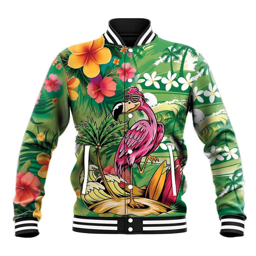 Hawaiian Flamingo Hibiscus Personalised Baseball Jacket Green Summer Tropical Flowers - Polynesian Pride