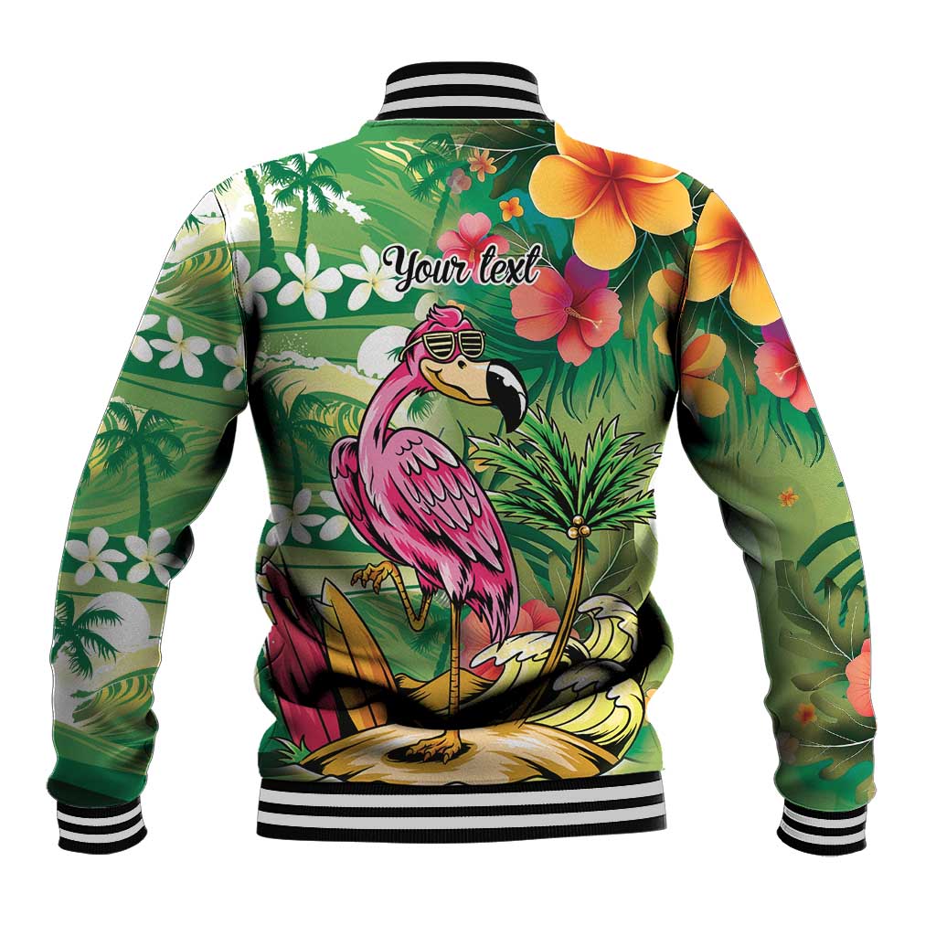 Hawaiian Flamingo Hibiscus Personalised Baseball Jacket Green Summer Tropical Flowers - Polynesian Pride