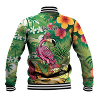 Hawaiian Flamingo Hibiscus Personalised Baseball Jacket Green Summer Tropical Flowers - Polynesian Pride