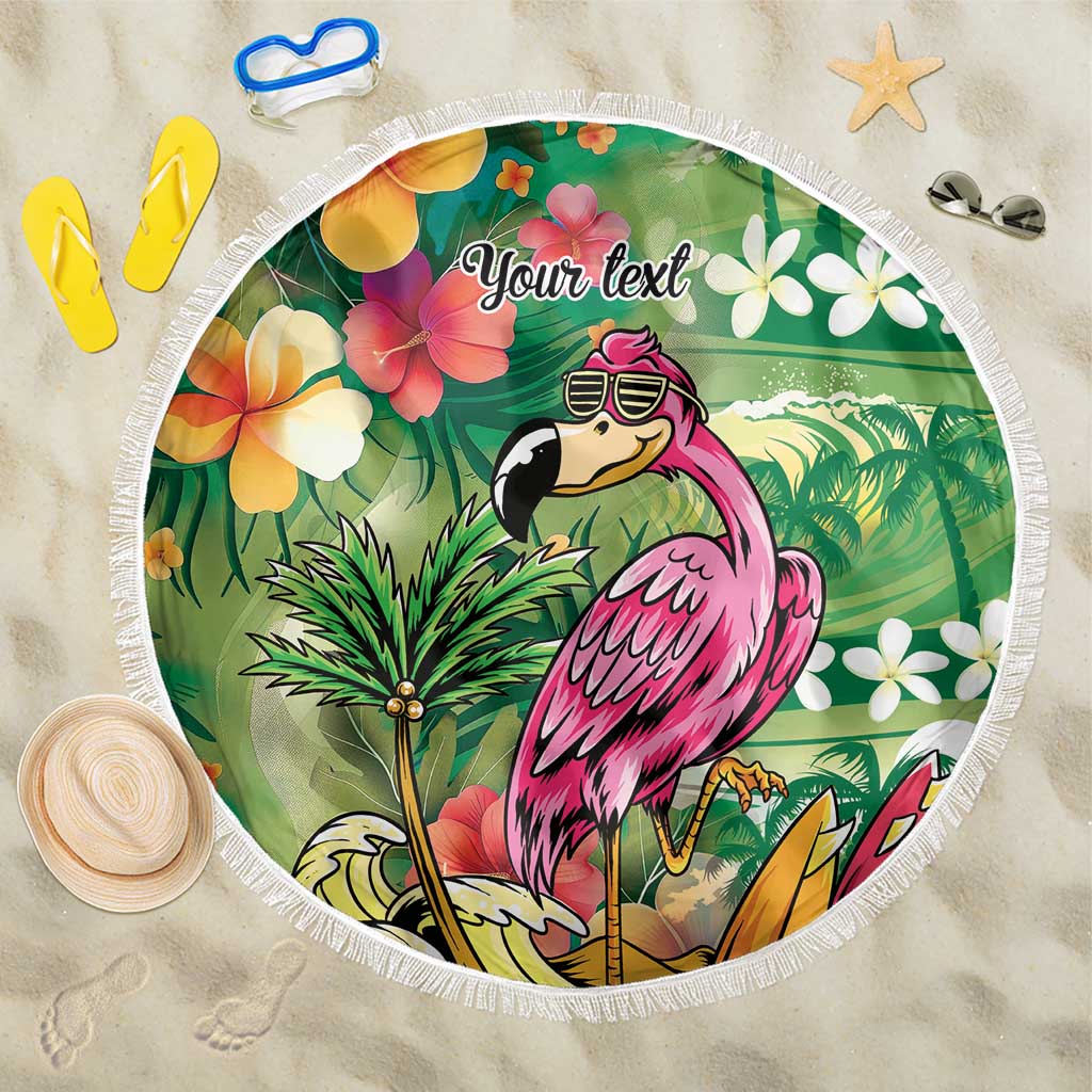 Hawaiian Flamingo Hibiscus Personalised Beach Blanket Green Summer Tropical Flowers - Polynesian Pride