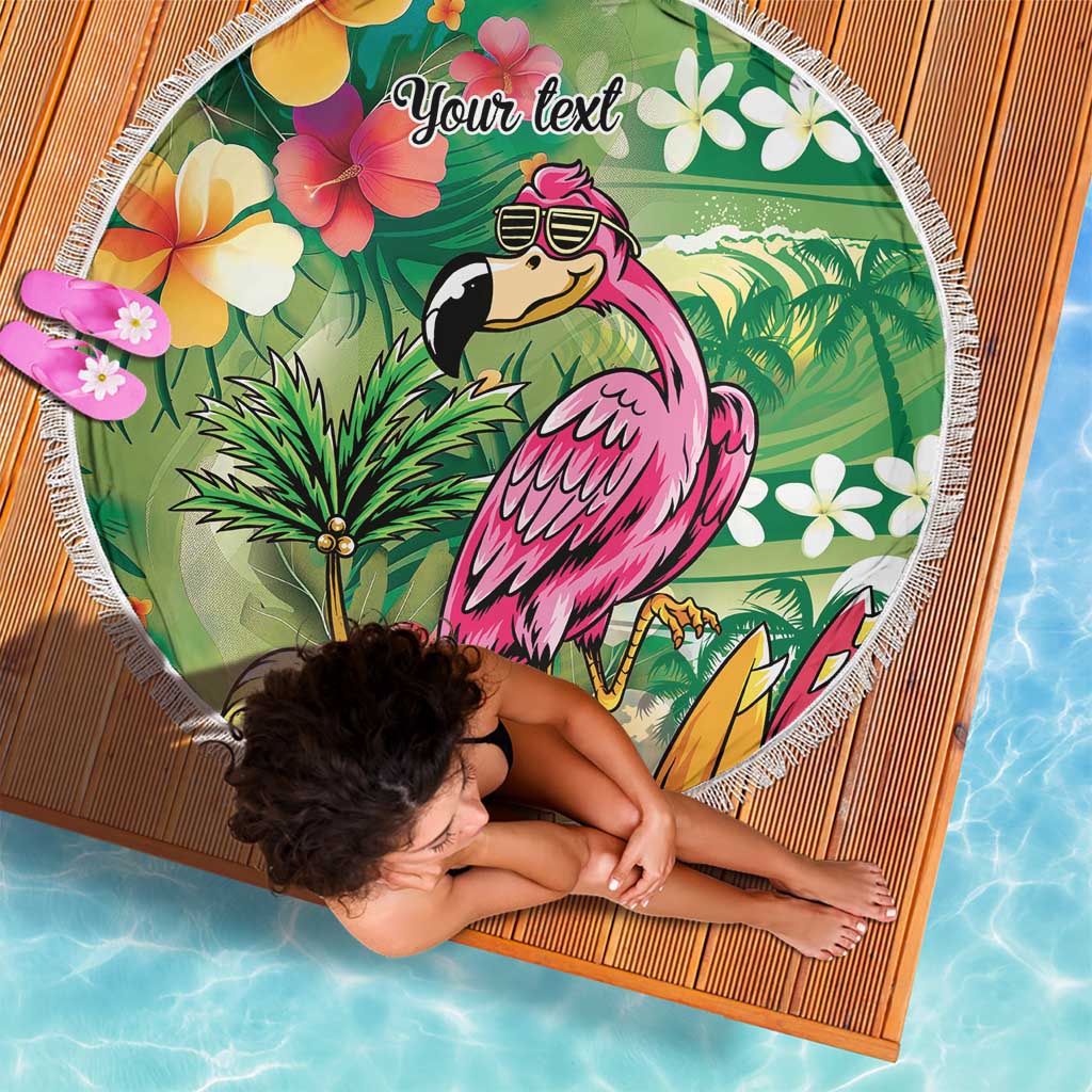 Hawaiian Flamingo Hibiscus Personalised Beach Blanket Green Summer Tropical Flowers - Polynesian Pride