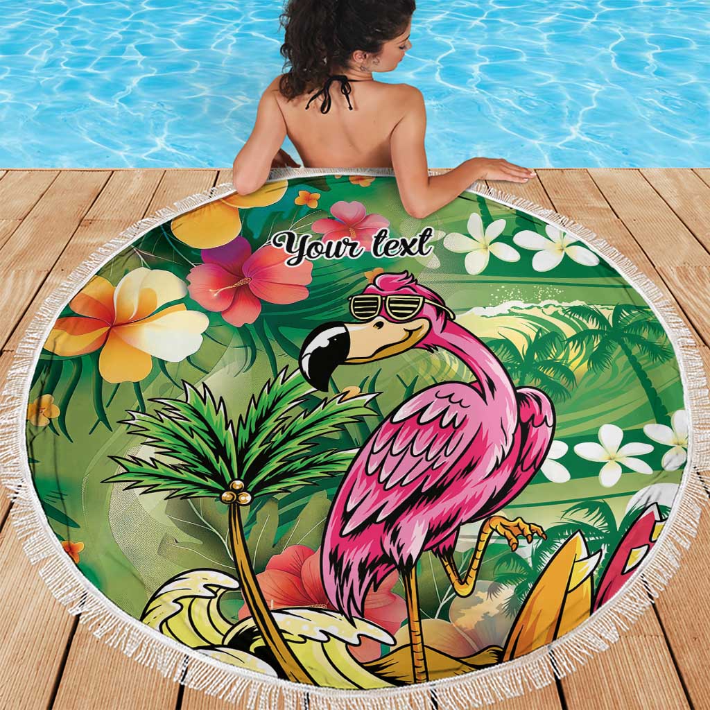 Hawaiian Flamingo Hibiscus Personalised Beach Blanket Green Summer Tropical Flowers - Polynesian Pride