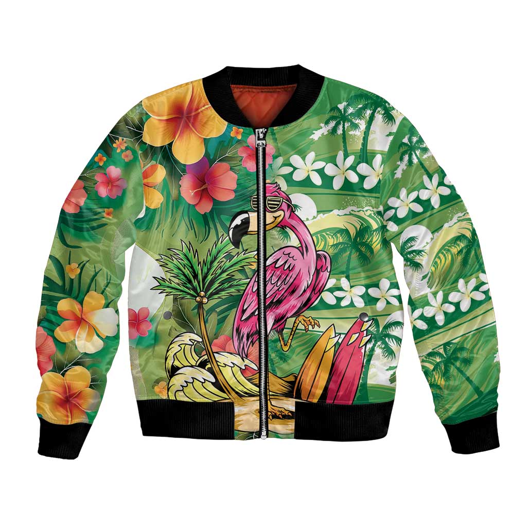Hawaiian Flamingo Hibiscus Personalised Bomber Jacket Green Summer Tropical Flowers - Polynesian Pride