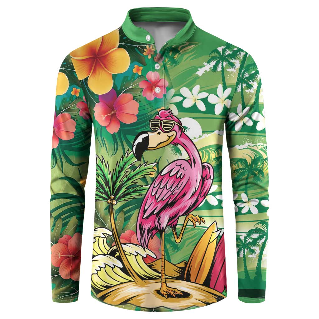 Hawaiian Flamingo Hibiscus Personalised Button Sweatshirt Green Summer Tropical Flowers - Polynesian Pride