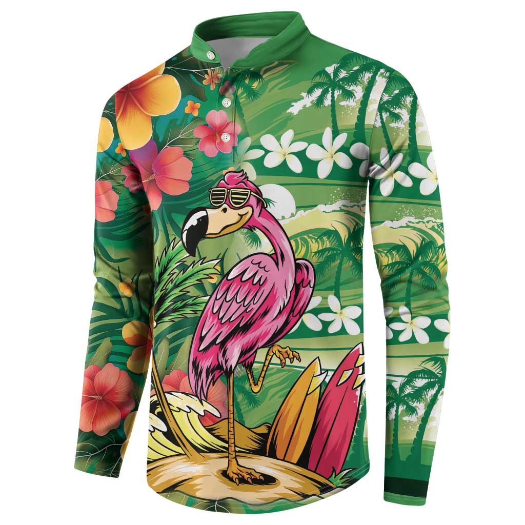 Hawaiian Flamingo Hibiscus Personalised Button Sweatshirt Green Summer Tropical Flowers - Polynesian Pride