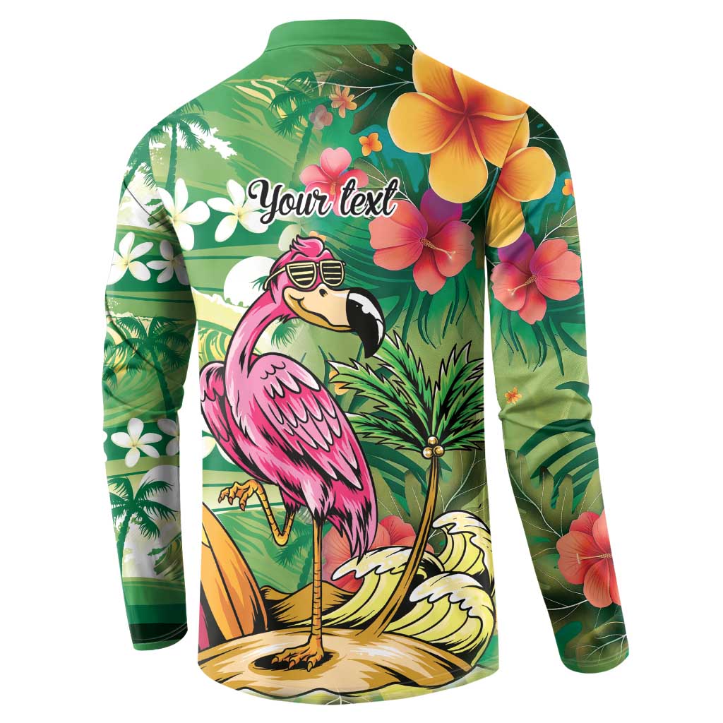 Hawaiian Flamingo Hibiscus Personalised Button Sweatshirt Green Summer Tropical Flowers - Polynesian Pride
