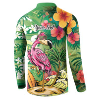 Hawaiian Flamingo Hibiscus Personalised Button Sweatshirt Green Summer Tropical Flowers - Polynesian Pride