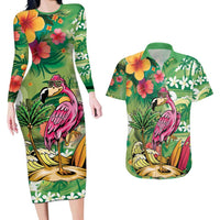 Hawaiian Flamingo Hibiscus Personalised Couples Matching Long Sleeve Bodycon Dress and Hawaiian Shirt Green Summer Tropical Flowers - Polynesian Pride