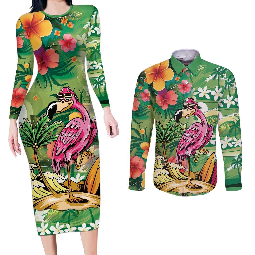 Hawaiian Flamingo Hibiscus Personalised Couples Matching Long Sleeve Bodycon Dress and Long Sleeve Button Shirt Green Summer Tropical Flowers - Polynesian Pride