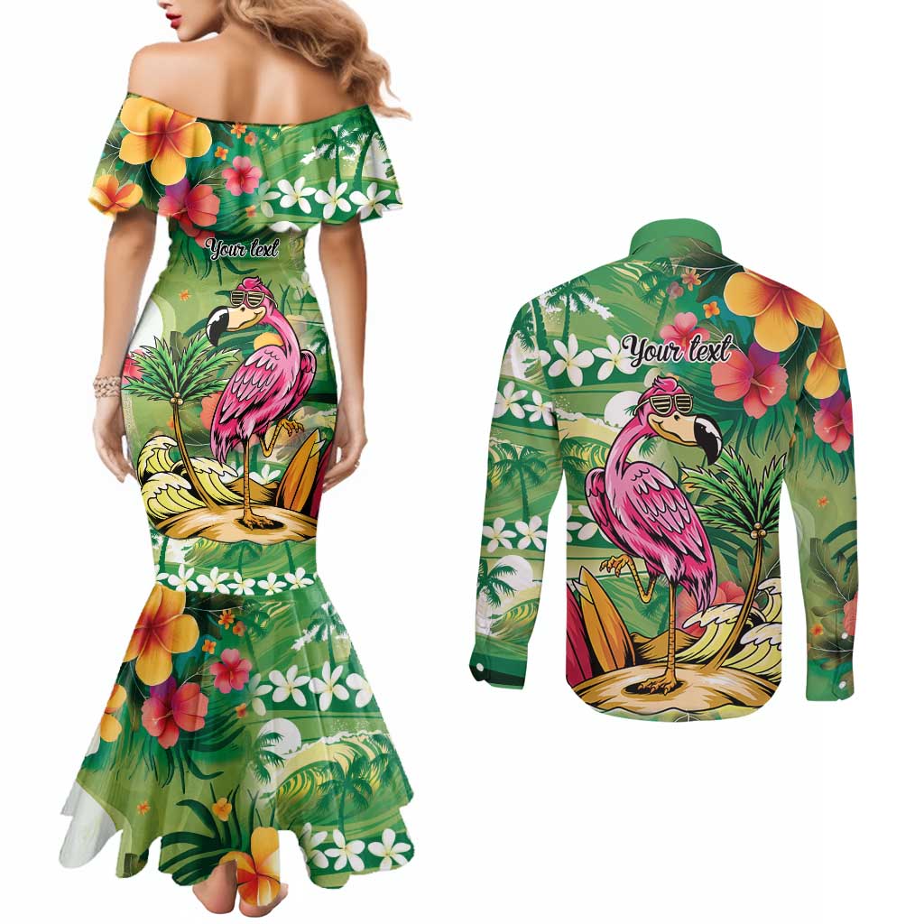 Hawaiian Flamingo Hibiscus Personalised Couples Matching Mermaid Dress and Long Sleeve Button Shirt Green Summer Tropical Flowers - Polynesian Pride