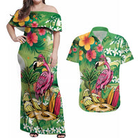 Hawaiian Flamingo Hibiscus Personalised Couples Matching Off Shoulder Maxi Dress and Hawaiian Shirt Green Summer Tropical Flowers - Polynesian Pride