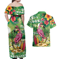 Hawaiian Flamingo Hibiscus Personalised Couples Matching Off Shoulder Maxi Dress and Hawaiian Shirt Green Summer Tropical Flowers - Polynesian Pride