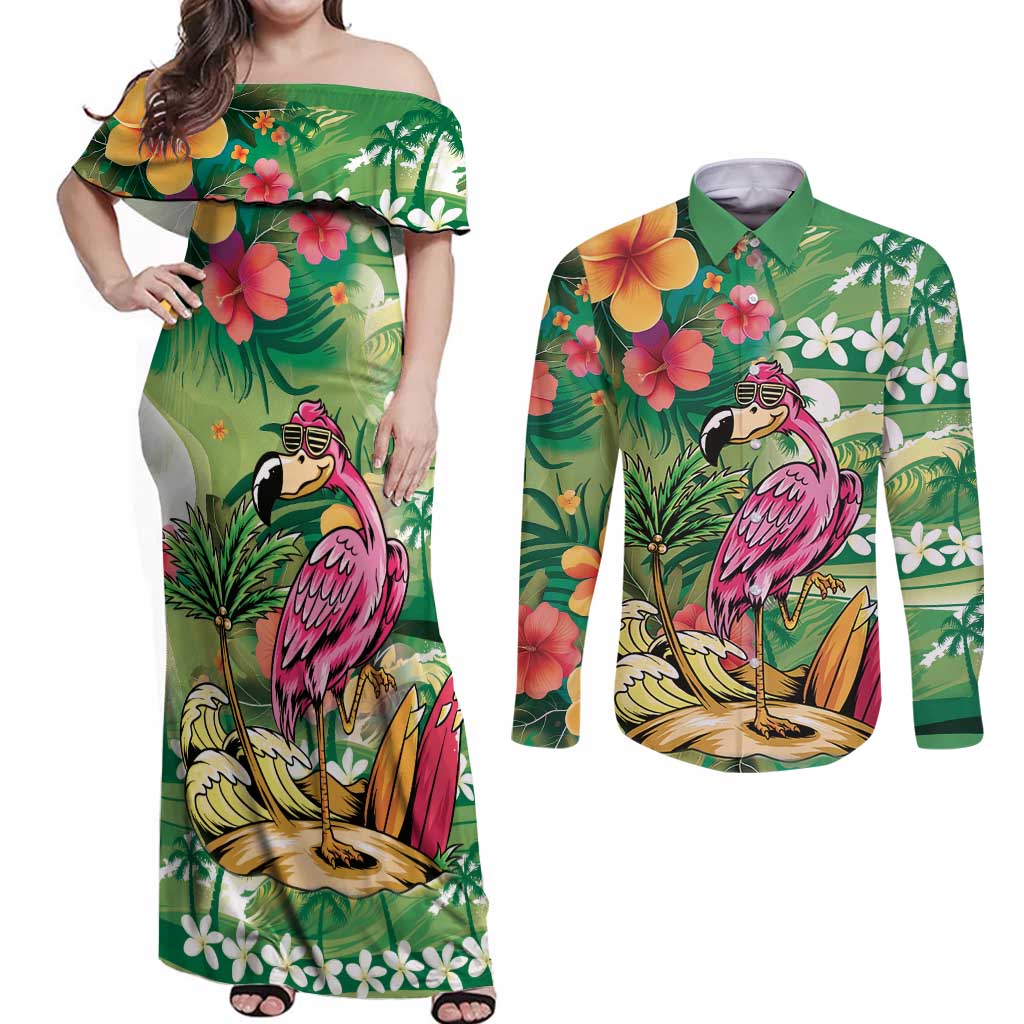 Hawaiian Flamingo Hibiscus Personalised Couples Matching Off Shoulder Maxi Dress and Long Sleeve Button Shirt Green Summer Tropical Flowers - Polynesian Pride