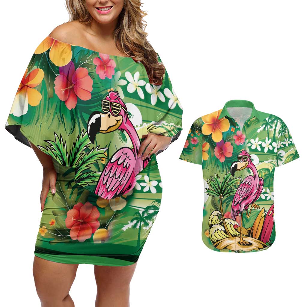 Hawaiian Flamingo Hibiscus Personalised Couples Matching Off Shoulder Short Dress and Hawaiian Shirt Green Summer Tropical Flowers - Polynesian Pride