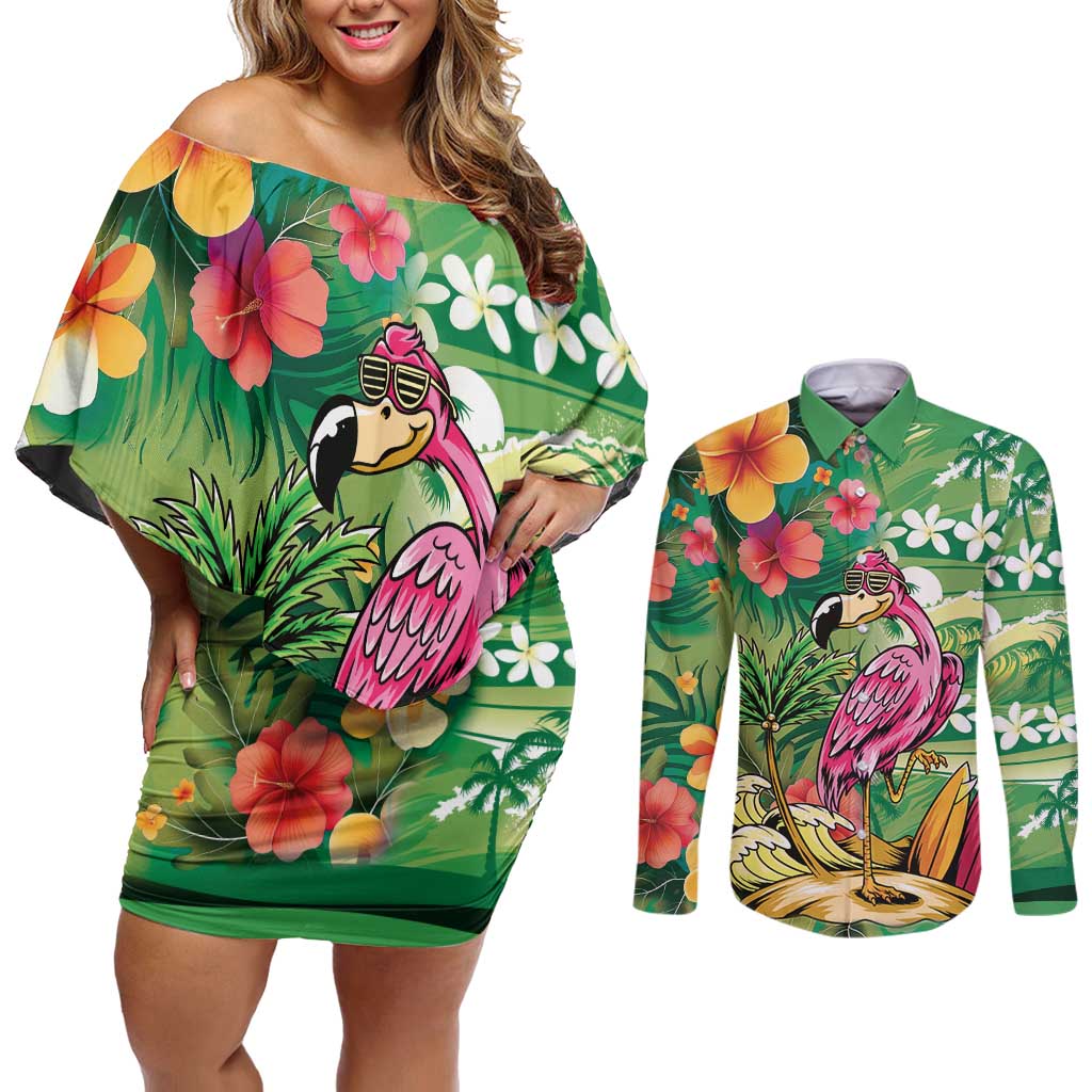 Hawaiian Flamingo Hibiscus Personalised Couples Matching Off Shoulder Short Dress and Long Sleeve Button Shirt Green Summer Tropical Flowers - Polynesian Pride