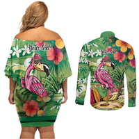 Hawaiian Flamingo Hibiscus Personalised Couples Matching Off Shoulder Short Dress and Long Sleeve Button Shirt Green Summer Tropical Flowers - Polynesian Pride